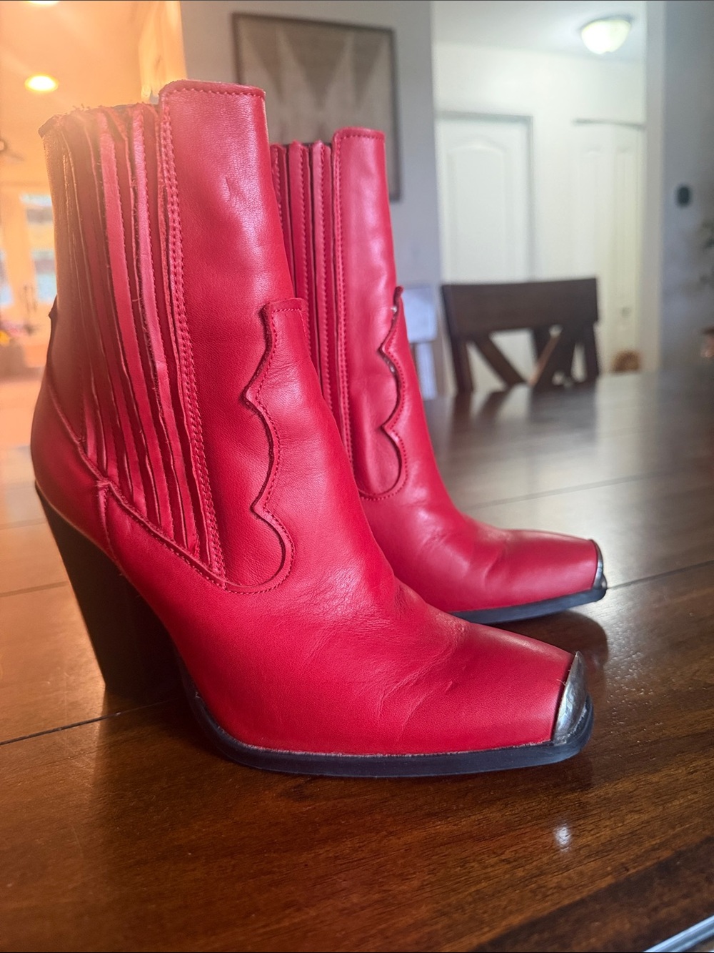 Mango Red Leather Western-Style Ankle Boots